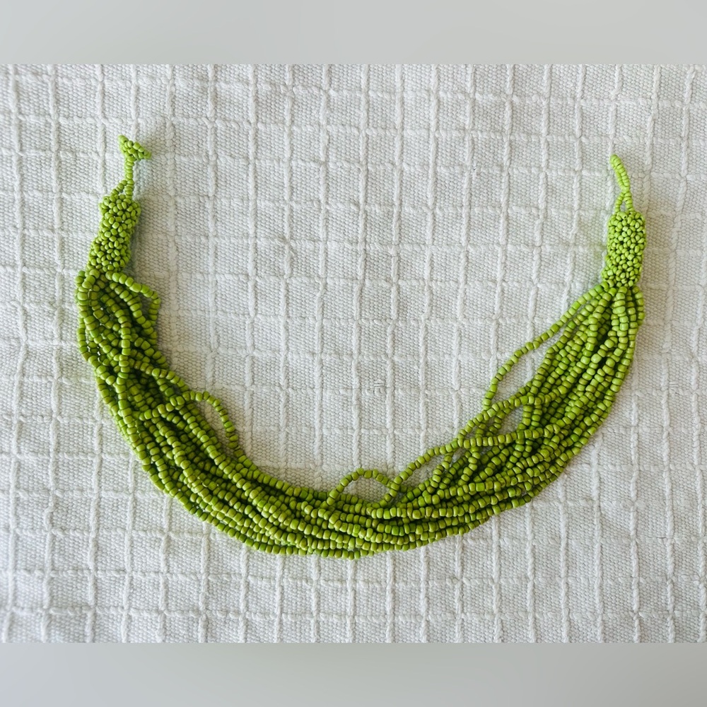 African Seed Beads Multi-Strand Lime Green Choker Necklace. 19.5”. 15 strands - Picture 2 of 6